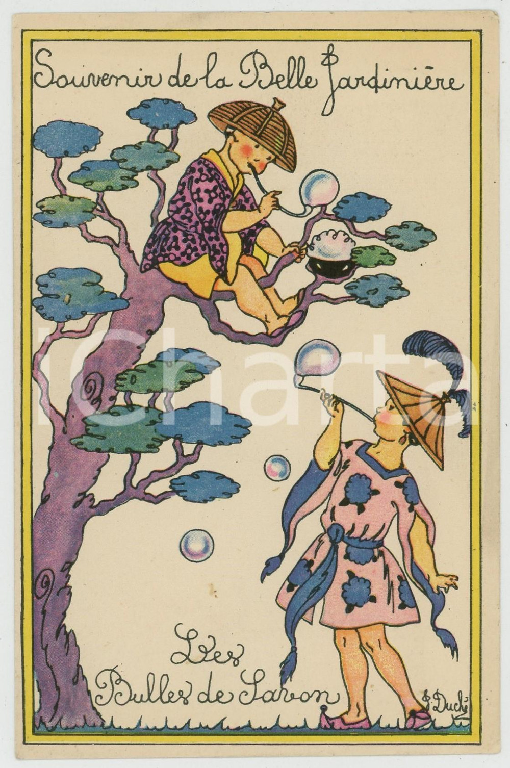 1920 ca LA BELLE JARDINIÈRE Artiste Jacqueline DUCHÉ Bulles de Savon - Postcard Cartolina d'epoca, non viaggiata. FAIR/discreto Lievi smussature piegature agli angoli Formato: FP originale e autentica 1