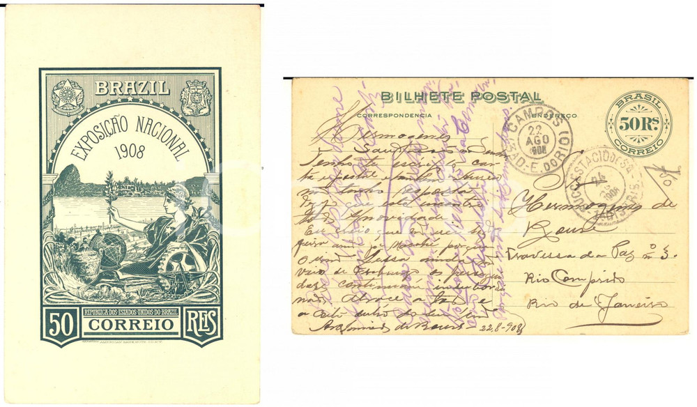 1908 BRAZIL Exposiçao Nacional - Bilhete postal 50 Reis Circulado Cartolina postale d'epoca, viaggiata.CONDIZIONI: GFORMATO: FP    originale e autentica 1