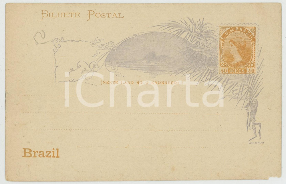 1900 ca BRAZIL Landscape - Postcard with illustrated stamp FP NV  Fotografia d'epoca.  POOR/danneggiato Lievi smussature e mancanze agli angoli, piegatura ai margini, residui di incollatura al verso Formato: 12x8 originale e autentica 1