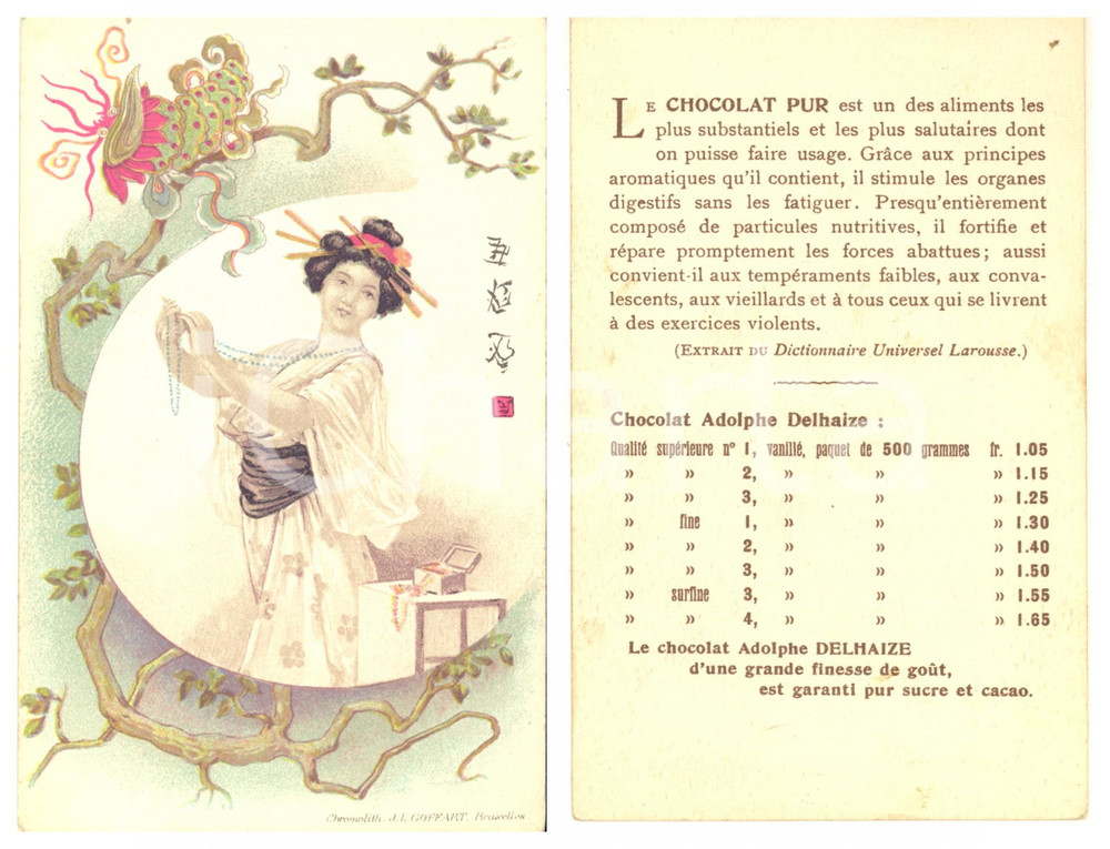 1910 ca JAPON Femme avec collier - Carte publicitaire Chocolat Adolphe DELHAIZE  Cartoncino pubblicitario d'epoca, illustrato con immagine tradizionale giapponese.Pubblicit&agrave; al verso del cioccolato Delhaize.CONDIZIONI: GFORMATO: 9x14 cm    originale e autentica 1