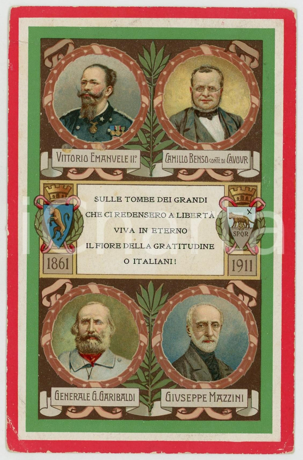 1911 Cinquantenario Unità d'Italia - Protagonisti RISORGIMENTO *Cartolina  Cartolina postale d'epoca, commemorativa, con i ritratti del re Vittorio Emanuele II, Cavour, Garibaldi e Mazzini.Viaggiata.CONDIZIONI: F (piegature angolari; fioriture al verso) FORMATO: 9x14 cm    originale e autentica 1