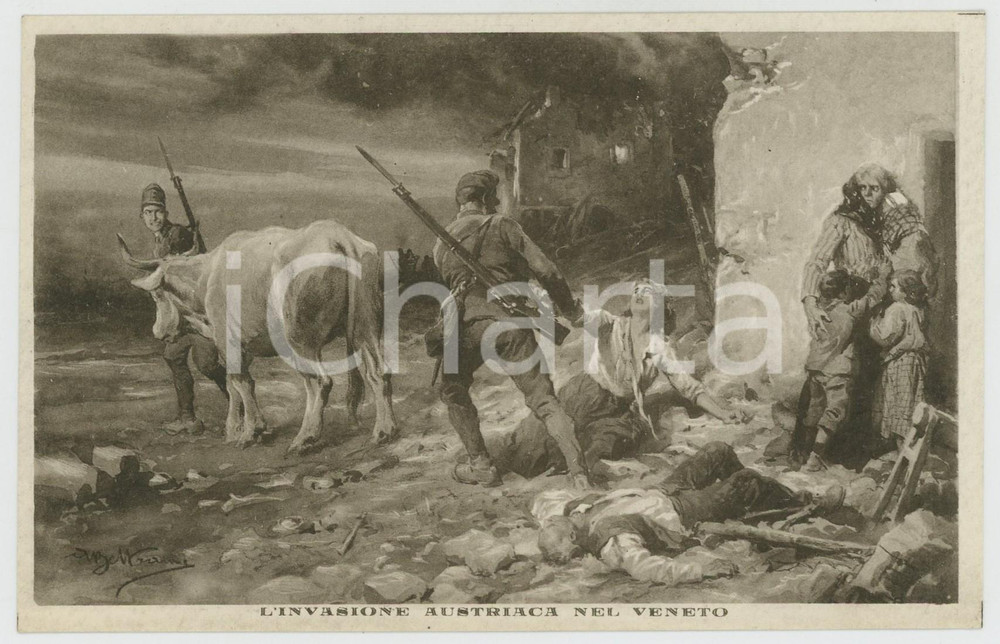 1918 WW1 ITALIA Achille BELTRAME - L'invasione austriaca nel Veneto *Cartolina Cartolina postale d'epoca, non viaggiata.Didascalia al verso "Lega Economica Naizonale - Milano".CONDIZIONI: GFORMATO: 14x9 cm    originale e autentica 1