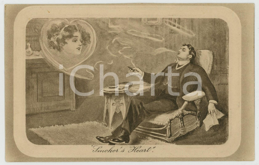 1920 ca LOVERS Smoker's heart - GIBSON Postcard - Smokers series - FP NV  Cartolina postale d'epoca, non viaggiata. FAIR/discreto Lievi smussature agli angoli Formato: FP originale e autentica 1