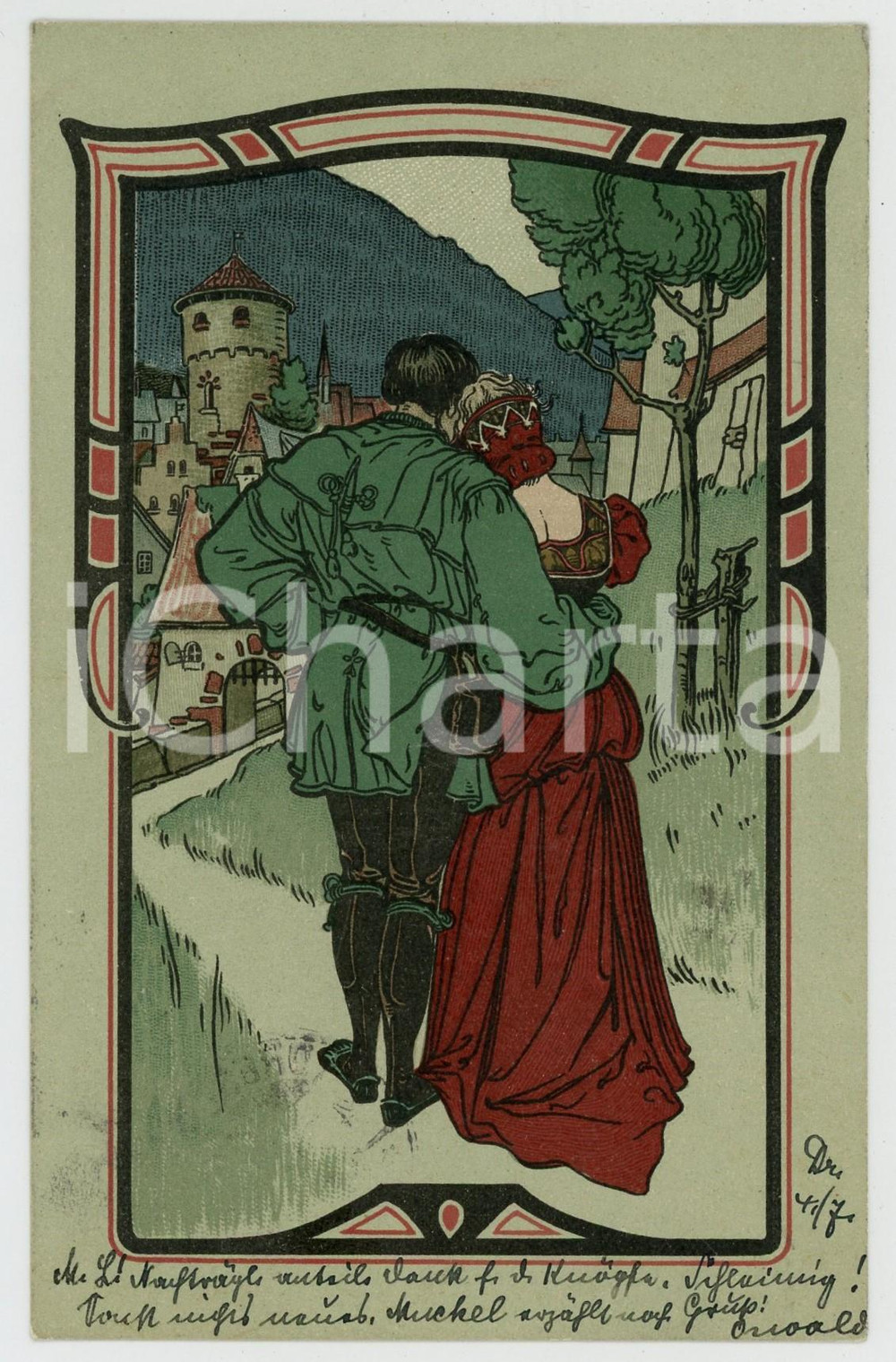 1902 ART DECO Courtesan hugging a man ILLUSTRATED Postcard FP VG  Cartolina postale d'epoca, viaggiata. FAIR/discreto Lievi smussature agli angoli Formato: FP originale e autentica 1