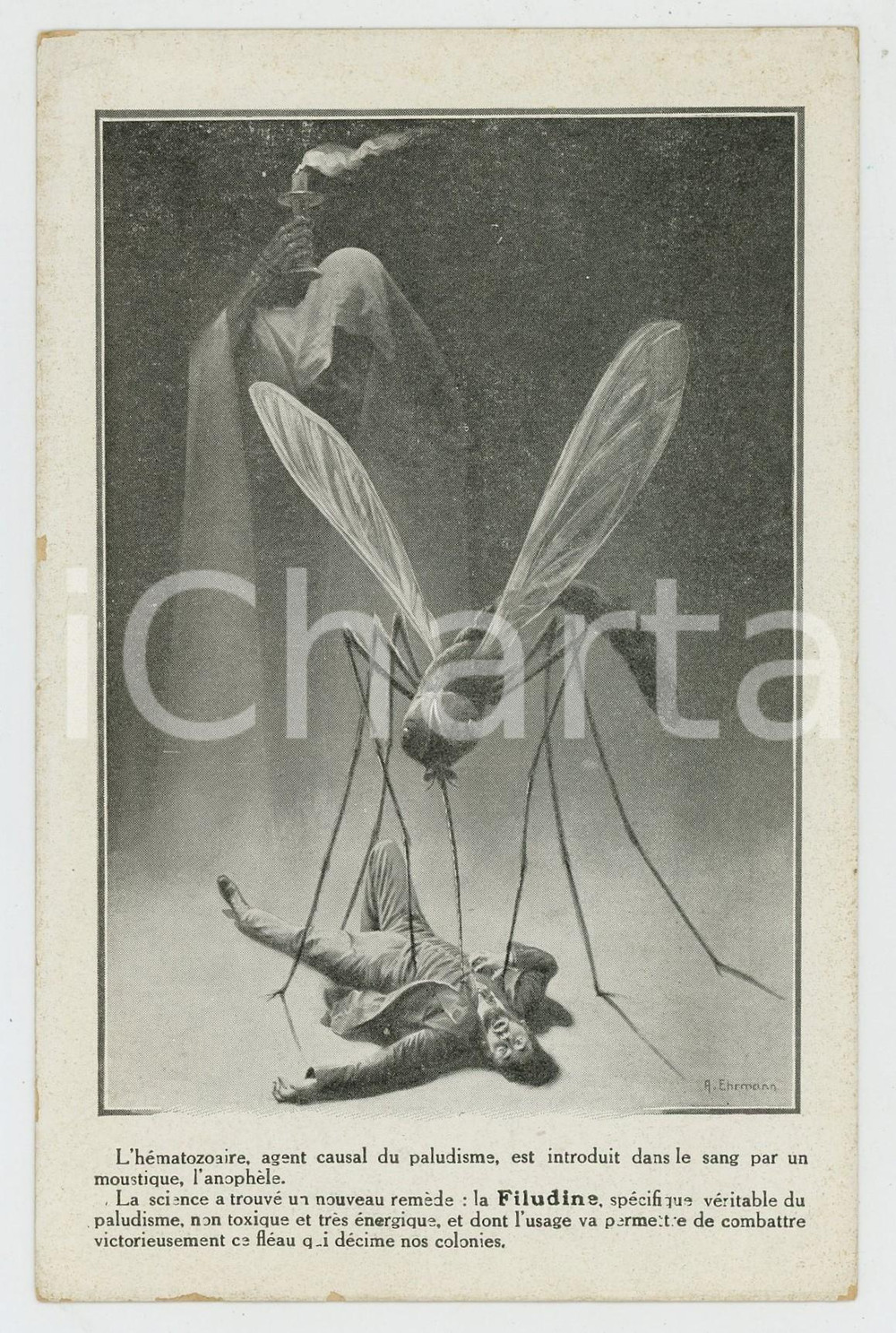 1910 ca FILUDINE mÃ©dicament contre le paludisme - Carte postale ill. A. EHRMANN  Cartolina pubblicitaria d'epoca, non viaggiata.CONDIZIONI: GFORMATO: FP     originale e autentica 1