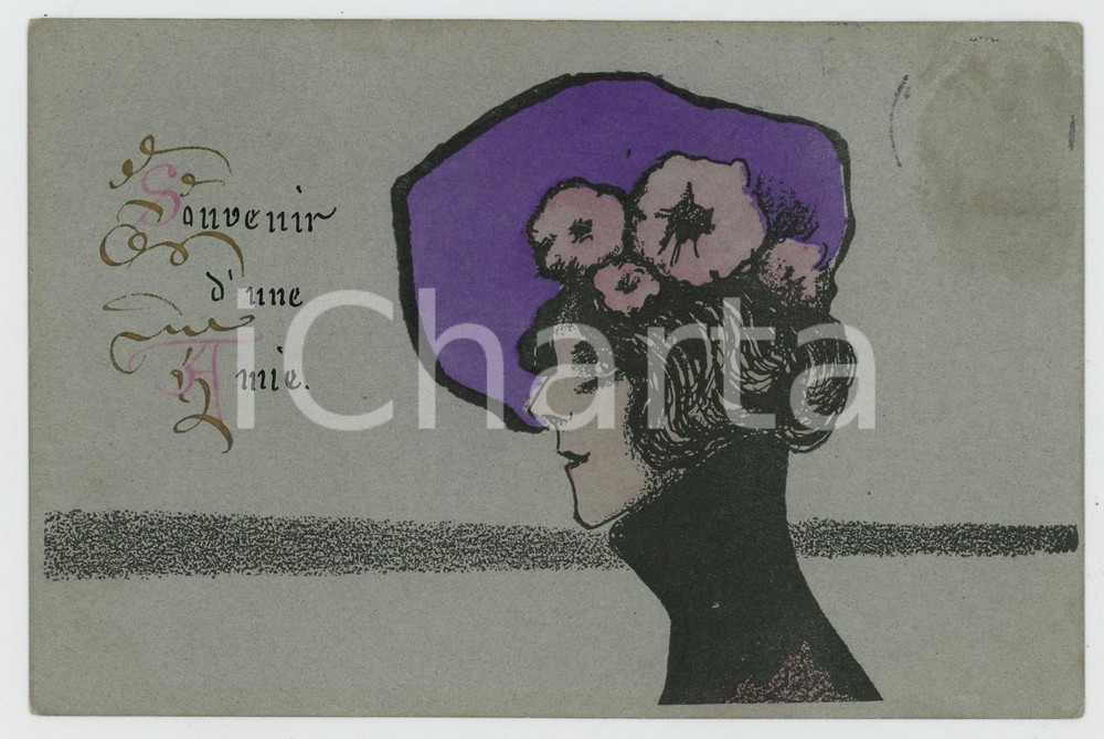 1905 ART NOUVEAU - Souvenir d'une amie - Lady purple hat *Postcard  Cartolina postale d'epoca, viaggiata. FAIR/discreto francobollo asportato Formato: 14x9 cm originale e autentica 1