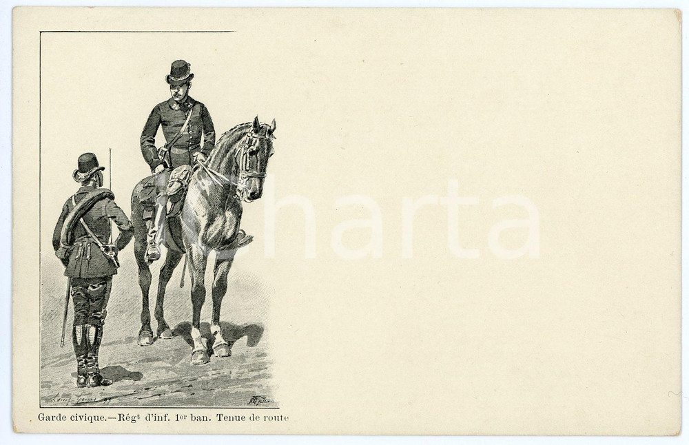 Cartolina originale da collezione 1900 ca ARMEE BELGE Garde civique  RÃ©gt. d infanterie 1er ban.  Tenue de route 1