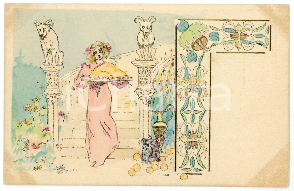 1910 ca ART NOUVEAU Girl with roast turkey ILLUSTRATED Postcard FP NV Cartolina d'epoca, non viaggiata. FAIR/discreto Bruniture agli angoli Formato: FP originale e autentica 1