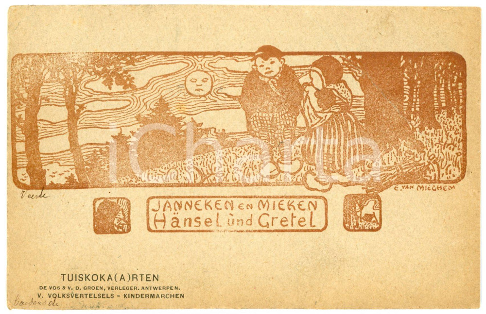1906 Eugen VAN MIEGHEM - Janneken en Mieken - Hansel und Gretel *Rare postcard  Rara cartolina postale d'epoca, illustrata dall'artista Van Mieghem, viaggiata.CONDIZIONI: VERY POOR (profonda piegatura angolare)FORMATO: FPEDITORE: De Vos &amp; V. D. Groen - Antwerpen    originale e autentica 1