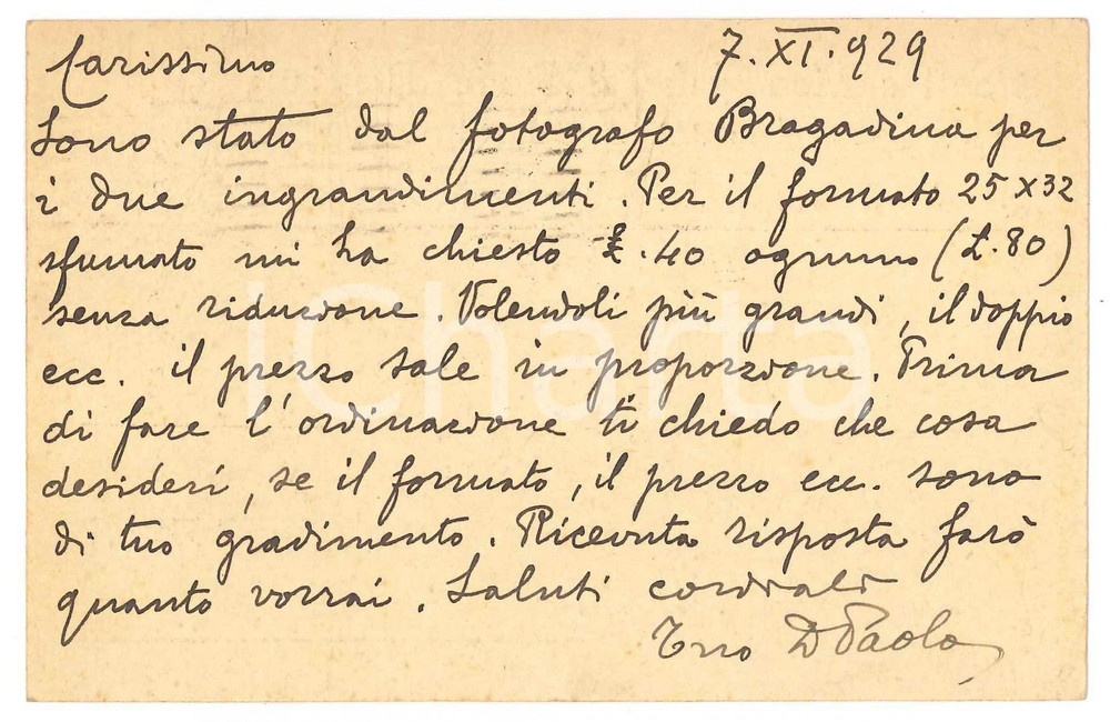 1929 BRESCIA Don Paolo GUERRINI su ingrandimenti fotografie - AUTOGRAFO Cartolina postale d'epoca, inviata da don Paolo Guerrini a don Alessandro Sina.Intestata "Fonti e Monografie di Storia Bresciana".Viaggiata. GOOD/buono  Formato: 14x9 cm originale e autentica 1
