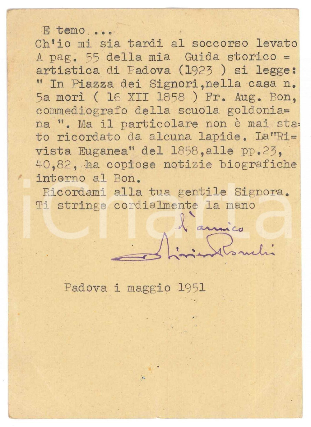1951 PADOVA Cartolina Oliviero RONCHI per rettifica - AUTOGRAFO - LEOCREMA Cartolina postale d'epoca, dattiloscritta con firma autografa, viaggiata.Pubblicit&agrave; Leocrema al recto. POOR/danneggiato piegature angolari Formato: 10x15 cm originale e autentica 1