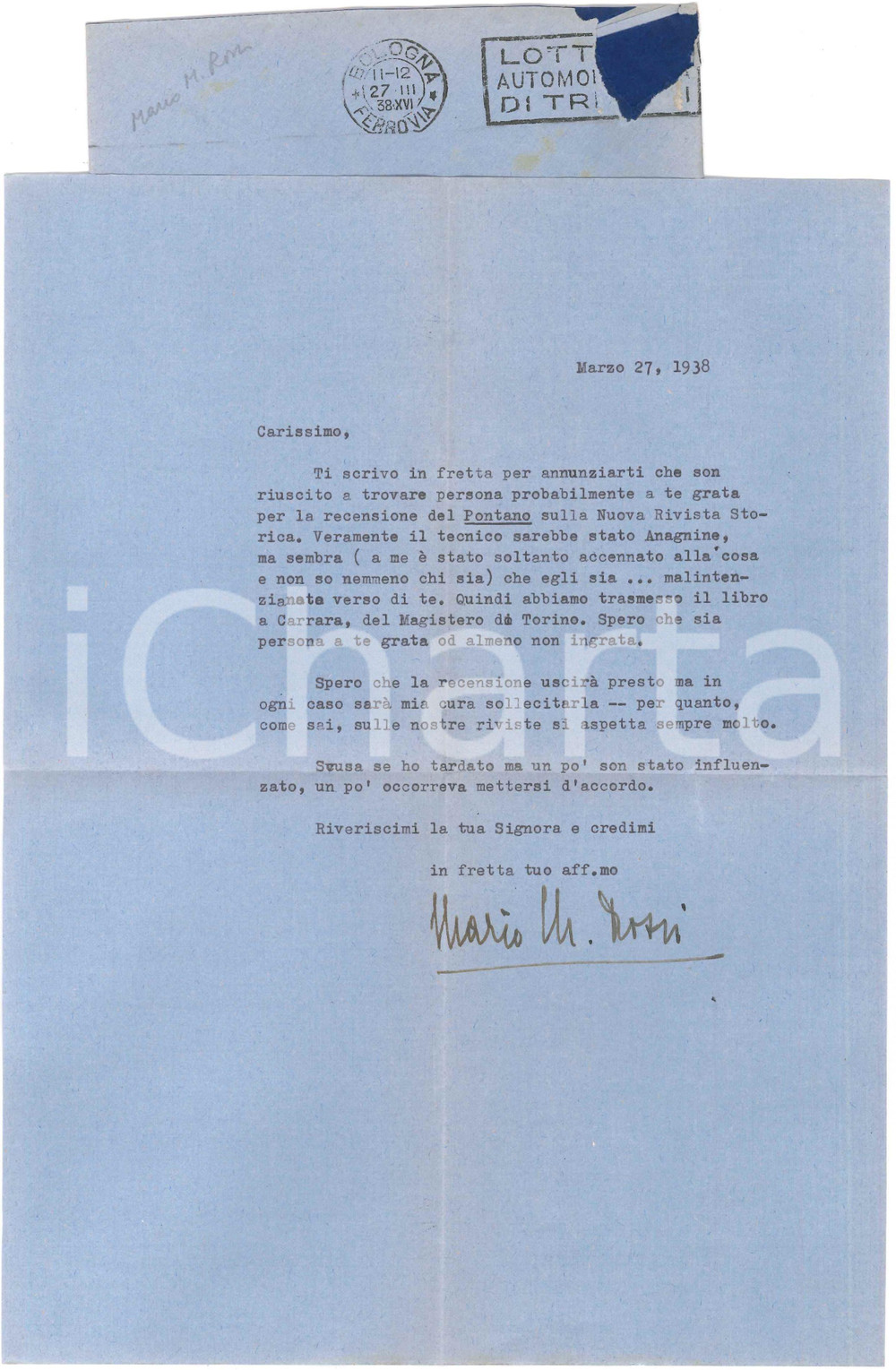 1938 BOLOGNA Mario M. ROSSI per recensione su Pontano - AUTOGRAFO Lettera dattiloscritta, con firma autografa del filosofo e anglista Mario Manlio Rossi.Busta viaggiata.PAGINE: 1 FAIR/discreto piegature d'epoca  originale e autentica 1