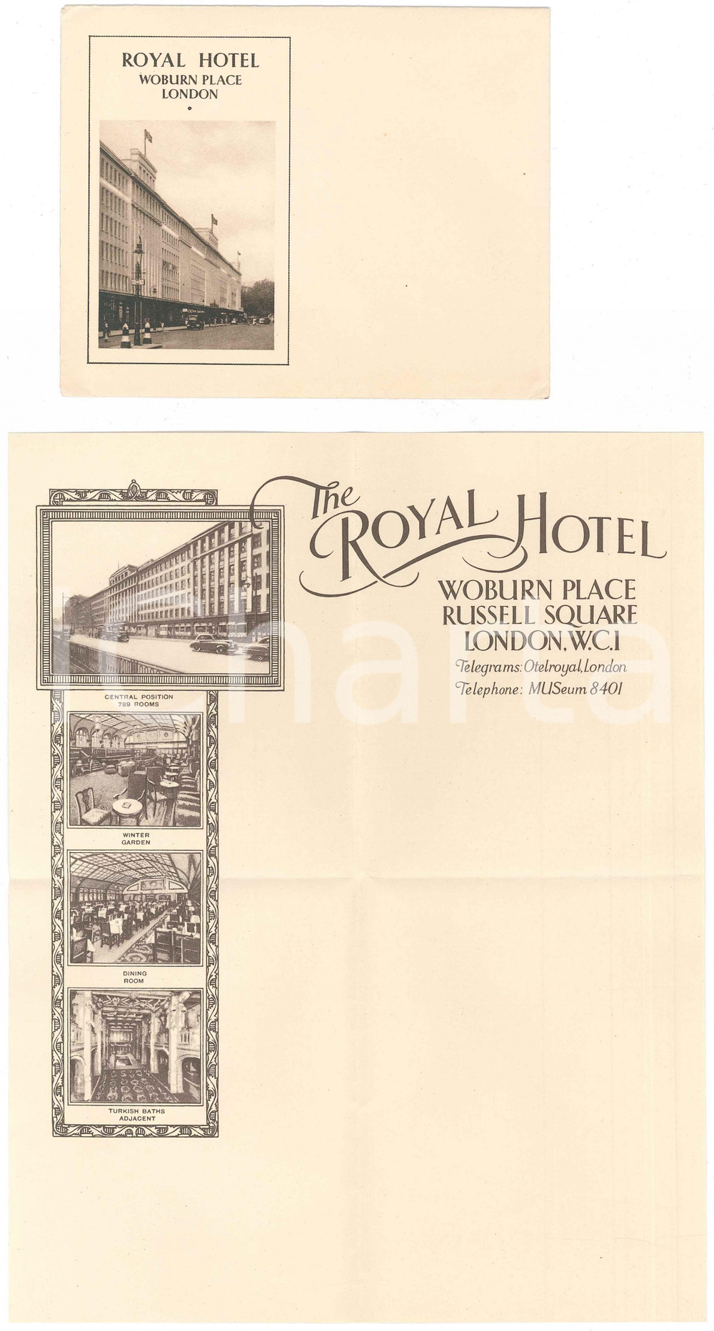 1950 ca LONDON The ROYAL HOTEL Woburn Place - Carta intestata e busta Carta da lettere e busta intestata, originali d'epoca. GOOD/buono piegature d'epoca Formato: 20x26 cm originale e autentica 1