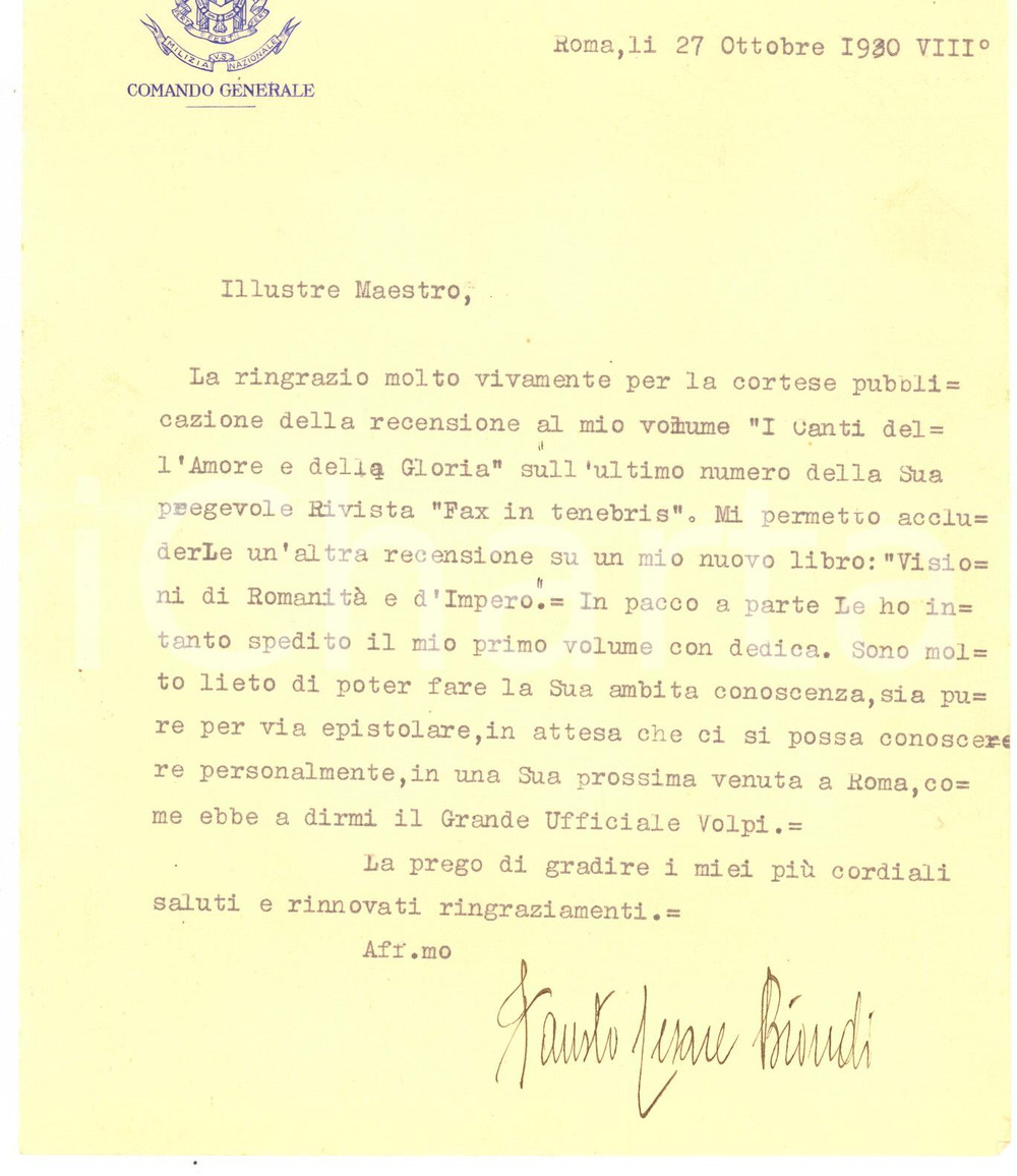 1930 ROMA MILIZIA NAZIONALE Lettera Fausto Cesare BIONDI - AUTOGRAFO Lettera dattiloscritta, con firma autografa, su carta intestata.CONDIZIONI: F (piegatura centrale d'epoca)PAGINE: 1     originale e autentica 1