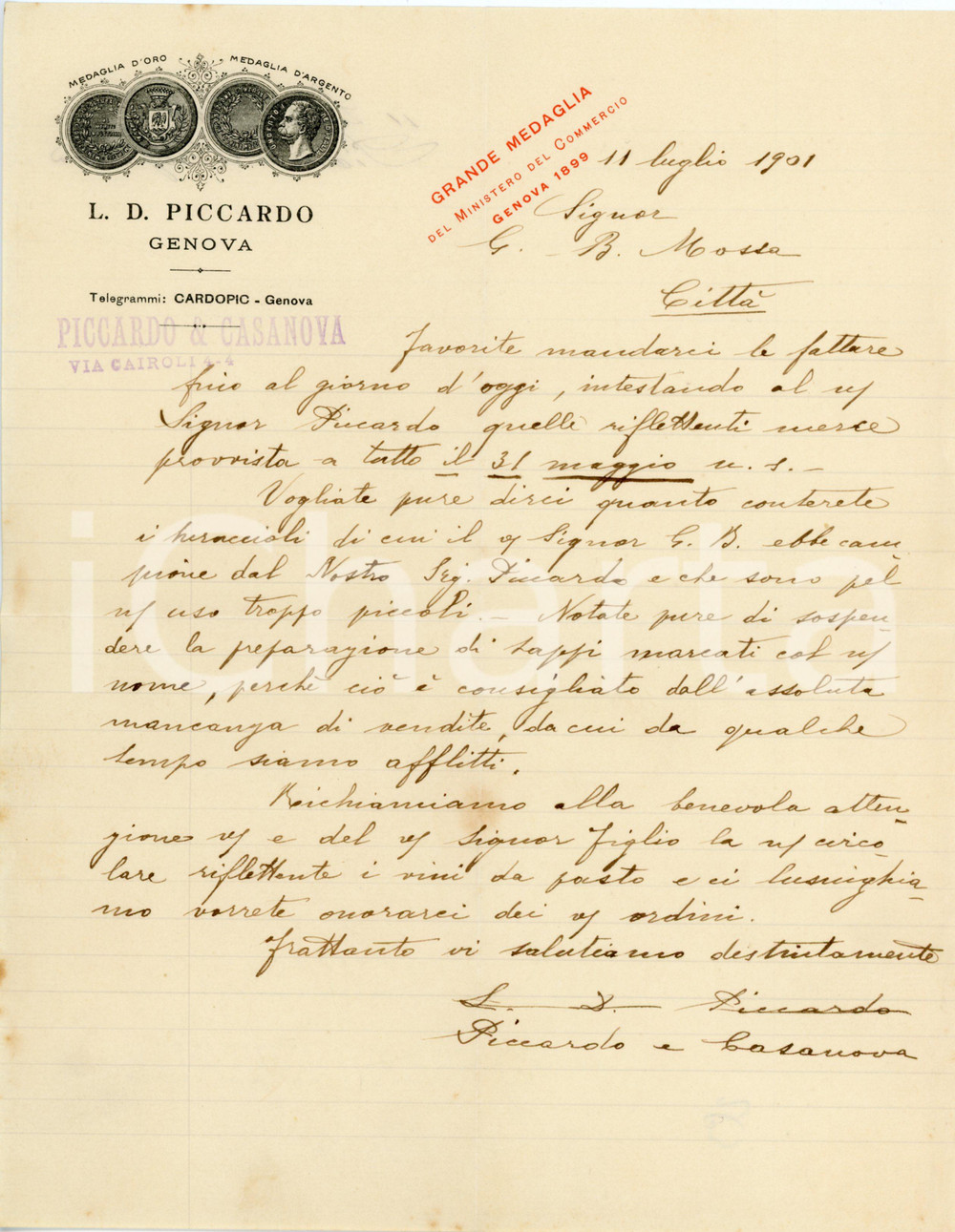 1901 GENOVA Ditta L. D. PICCARDO E CASANOVA Lettera commerciale Lettera commerciale d'epoca, su carta intestata, manoscritta, illustrata. CONDIZIONI: FAIR (piegature d'epoca)PAGINE: 1    originale e autentica 1