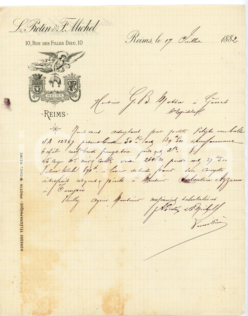 1882 REIMS (F) L. PROTIN & F. MICHEL - Tissus - Lettre entête Lettera commerciale d'epoca, manoscritta, su carta intestata.Reims - 10, rue des Filles DieuCONDIZIONI: F (piegature d'epoca; ingiallimento al margine inferiore).PAGINE: 1    originale e autentica 1