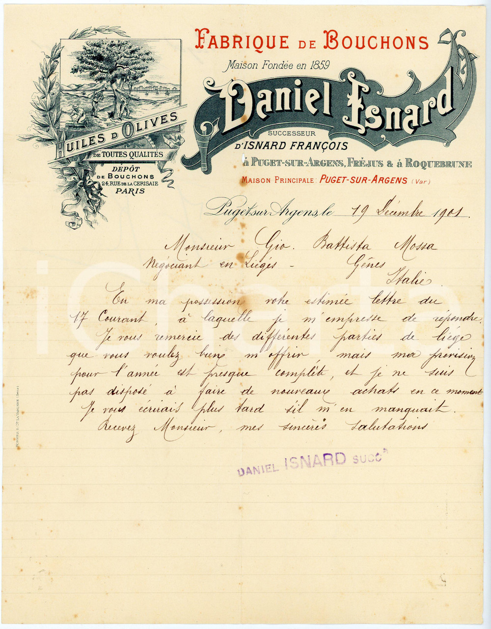 1901 PUGET-SUR-ARGENS (F) Daniel ESNARD Fabrique bouchons - Huile *Lettre entête Lettera commerciale d'epoca, manoscritta, su carta intestata.CONDIZIONI: F (piegature d'epoca; fioriture centrali).PAGINE: 1    originale e autentica 1