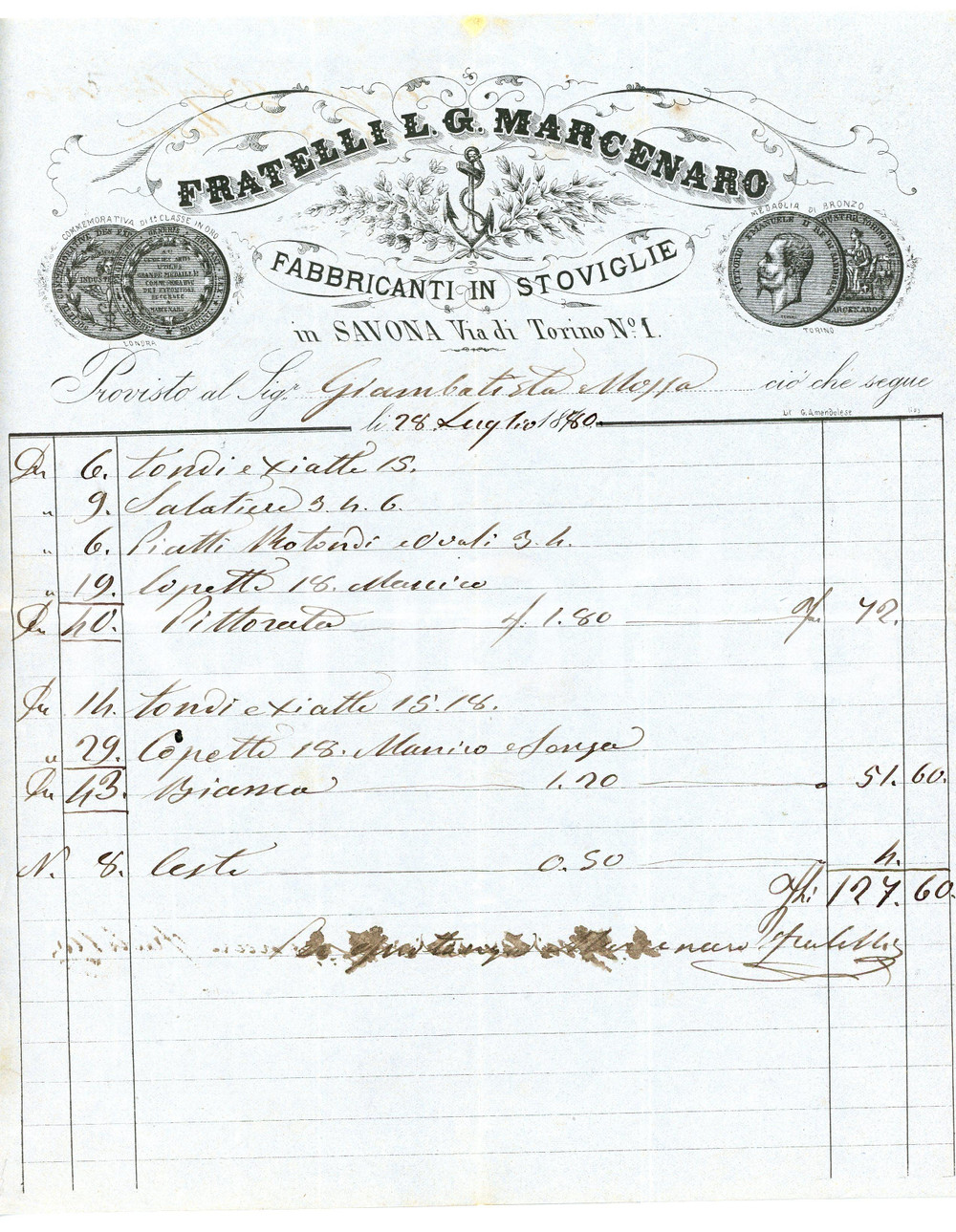 1880 SAVONA - Fratelli L. G. MARCENARO - Fabbricanti in stoviglie - Fattura Fattura commerciale d'epoca, manoscritta, su carta intestata.Savona - via di Torino n.1CONDIZIONI: F (piegature d'epoca e macchia al lato superiore lungo la piegatura)PAGINE: 4 facciate (2 scritte)    originale e autentica 1