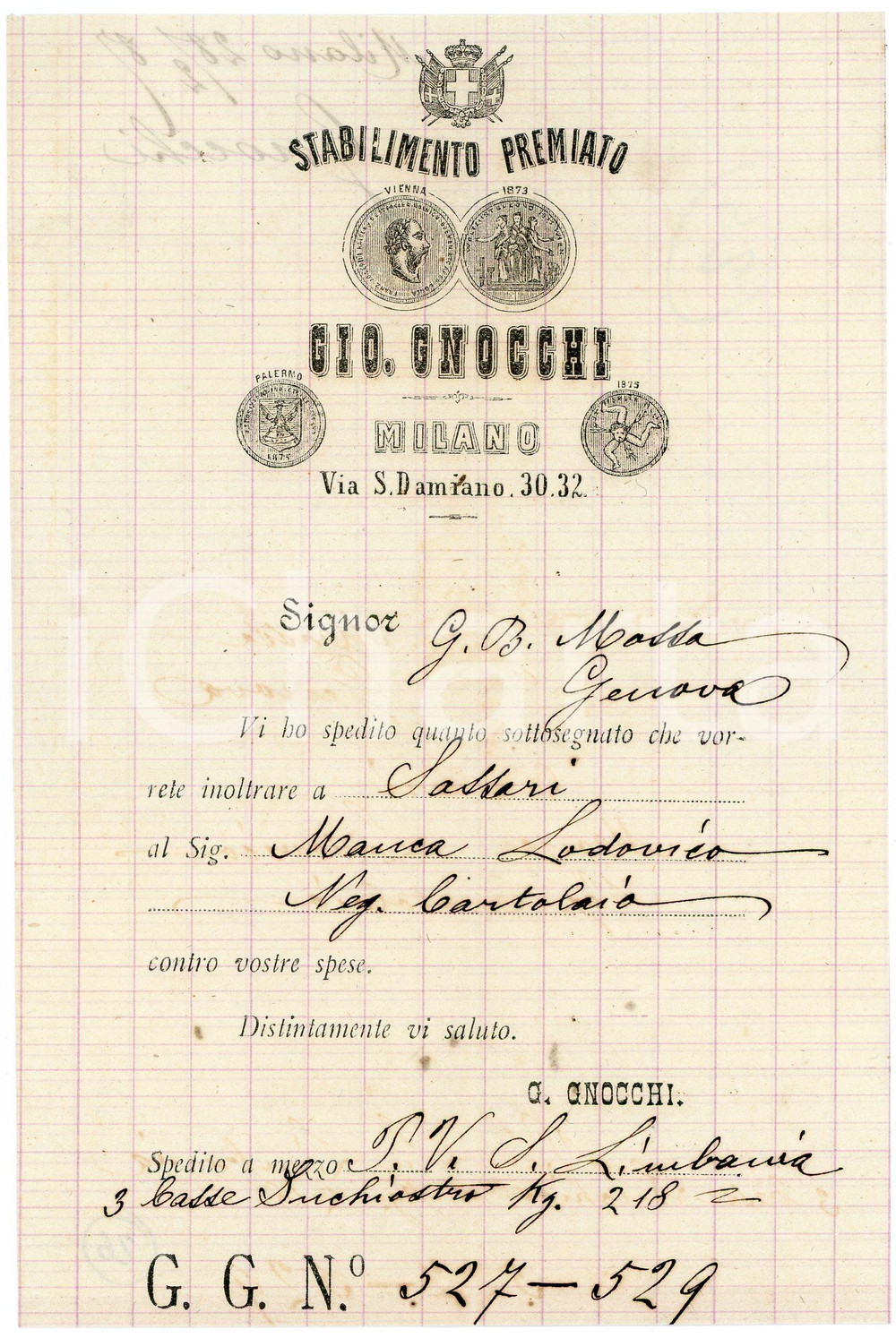 1887 MILANO Gio. GNOCCHI - Inchiostri di china, ceralacche - Nota di spedizione Nota di spedizione d'epoca, a stampa con inserti manoscritti, su carta intestata.Milano - via S. Damiano n. 30-32CONDIZIONI: F (piegature d'epoca).PAGINE: 1    originale e autentica 1