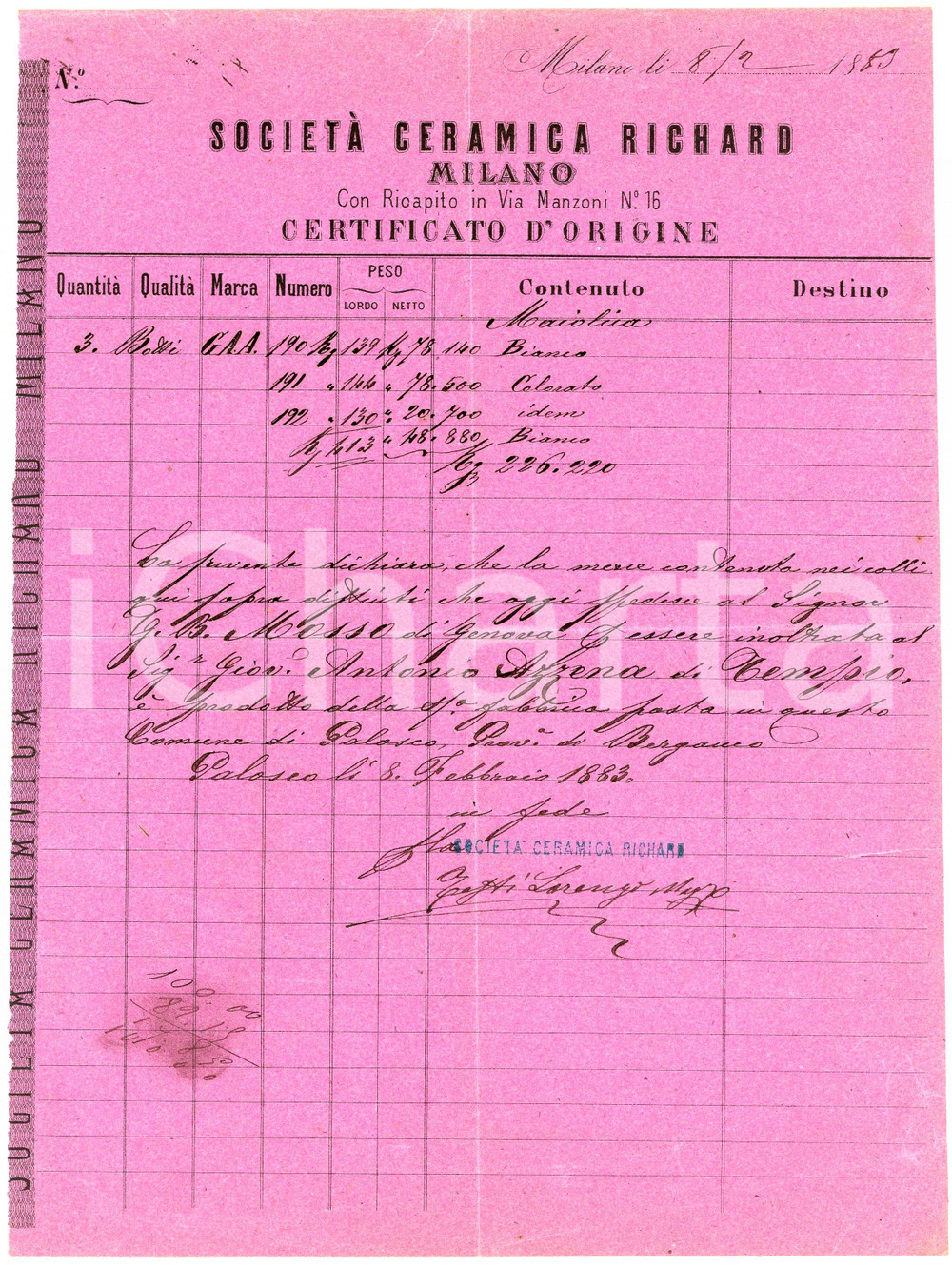1889 MILANO SocietÃ  ceramica RICHARD Fattura commerciale per maioliche Lettera commerciale d'epoca, su carta intestata, manoscritta. CONDIZIONI: POOR (piegature d'epoca, strappo di 2cm circa al margine destro)PAGINE: 1    originale e autentica 1
