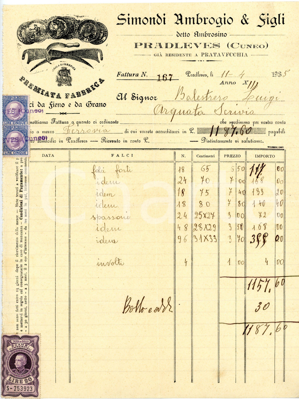 1935 PRADLEVES (CN)  Ambrogio SIMONDI & Figli - Fabbrica falci da fieno *Fattura Fattura commerciale d'epoca, a stampa con inserti manoscritti, su carta intestata illustrata.Presenti marche da bollo.CONDIZIONI: F (piegature d'epoca)PAGINE: 1    originale e autentica 1