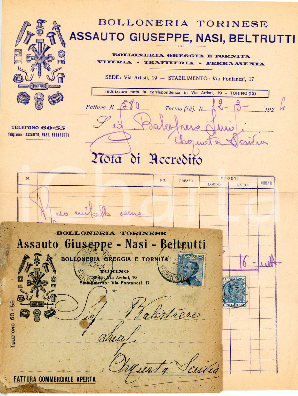 1924 TORINO - ASSAUTO, NASI, BELTRUTTI - Bolloneria Torinese *Nota di Accredito Nota di accredito d'epoca, manoscritta, su carta intestata illustrata.Busta intestata, illustrata e viaggiata.Torino - via Artisti 19.Presente marca da bollo.CONDIZIONI: F (piegature d'epoca. Busta con macchie al lato inferiore e segni di umidit&agrave; al lato sinistro).PAGINE: 1    originale e autentica 1