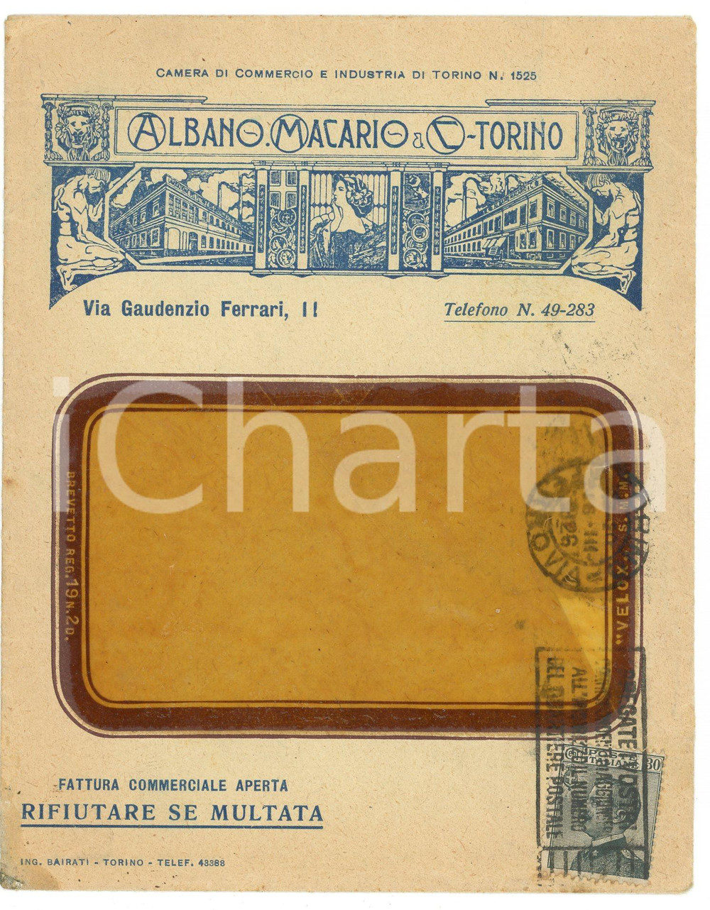 1926 TORINO - Albano MACARIO & C. via G. Ferrari 11 - Vetrate artistiche  *Busta Busta d'epoca intestata, illustrata, viaggiata. Torino - via Gauenzio Ferrari, 11CONDIZIONI: F (lievi tracce d'umidit&agrave; al lato inferiore sinistro)    originale e autentica 1