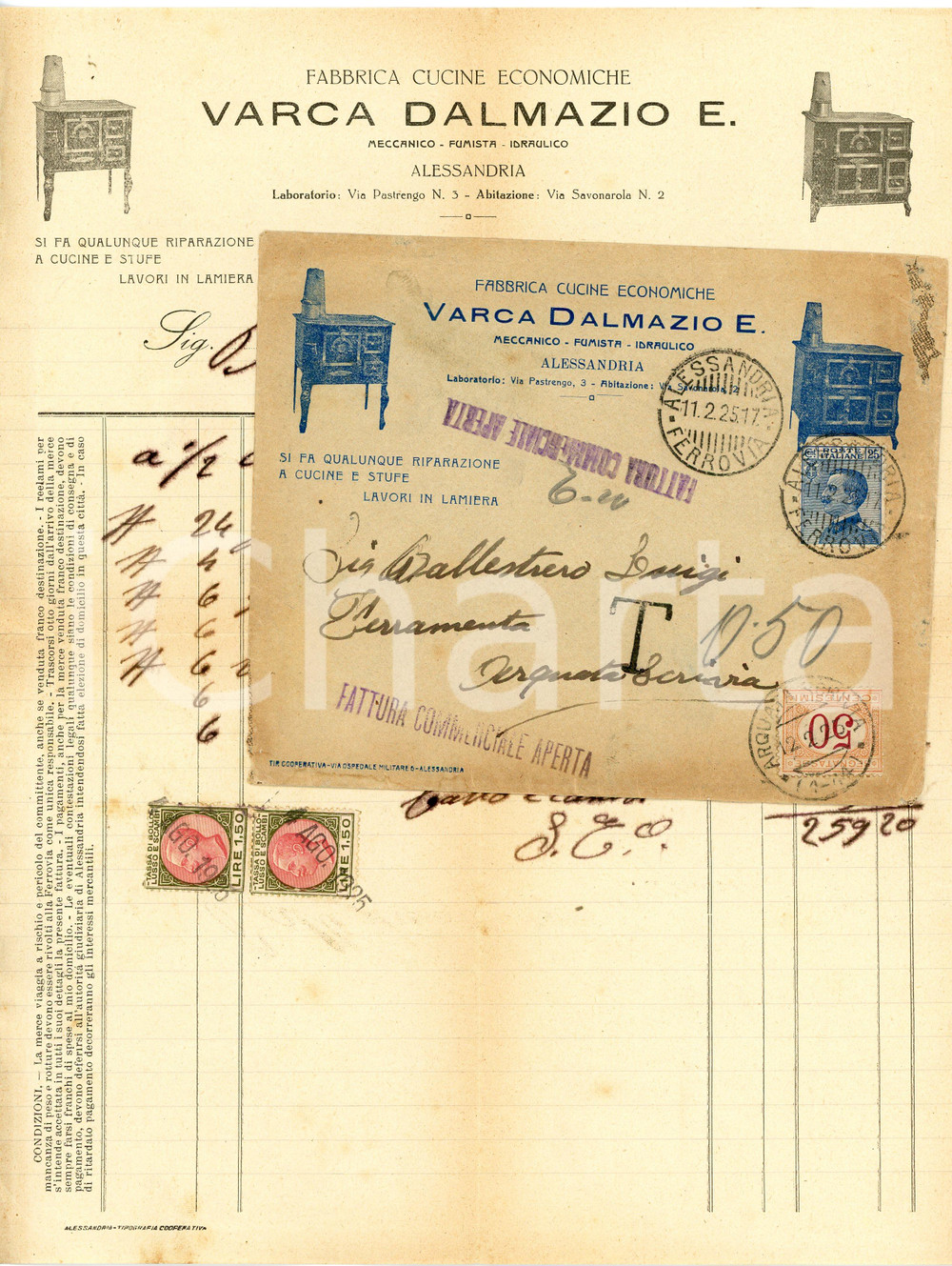 1925 ALESSANDRIA - Dalmazio E. VARCA - Fabbrica cucine economiche *Fattura Fattura commerciale d'epoca, manoscritta, su carta intestata illustrata.Busta intestata, illustrata e viaggiata.Alessandria - via Savonarola n.2Presenti marche da bollo.CONDIZIONI: F (piegature d'epoca, piccolo strappo al lato sinistro e lieve ingiallimento lungo la piegatura)PAGINE: 1    originale e autentica 1