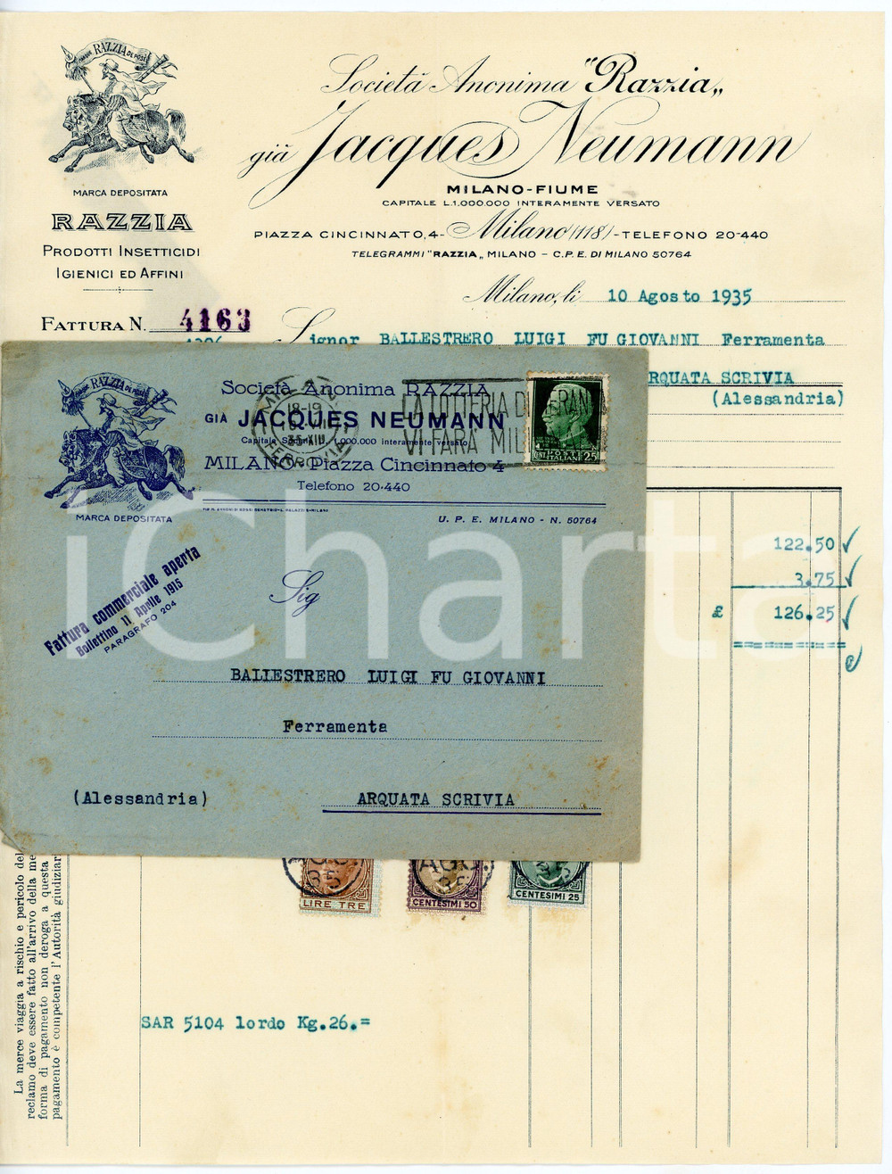 1935 MILANO - SocietÃ  Anonima "Razzia" giÃ  J. NEUMANN - Insetticidi *Fattura Fattura commerciale d'epoca, dattiloscritta, su carta intestata illustrata.Busta intestata, illustrata e viaggiata.Milano - piazza Cincinnato, 4Presenti marche da bollo.CONDIZIONI: F (piegature d'epoca, piccole macchie alla parte inferiore)PAGINE: 1     originale e autentica 1