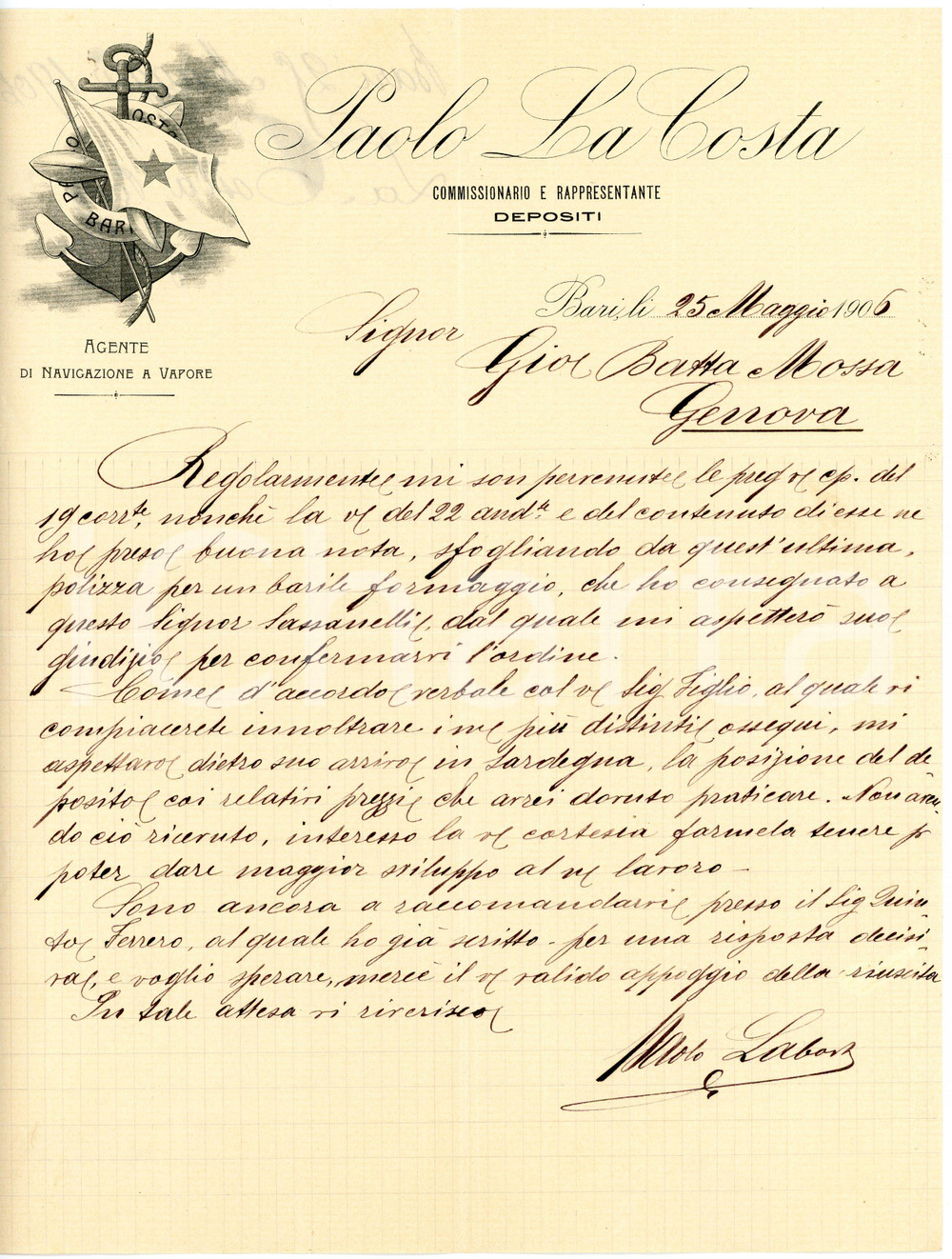 1906 BARI Paolo LA COSTA Agente di navigazione a vapore - Lettera commerciale Lettera commerciale d'epoca, su carta intestata, manoscritta, illustrata. CONDIZIONI: FAIR (piegature d'epoca, piccolo strappo al margine sinistro)PAGINE: 1    originale e autentica 1