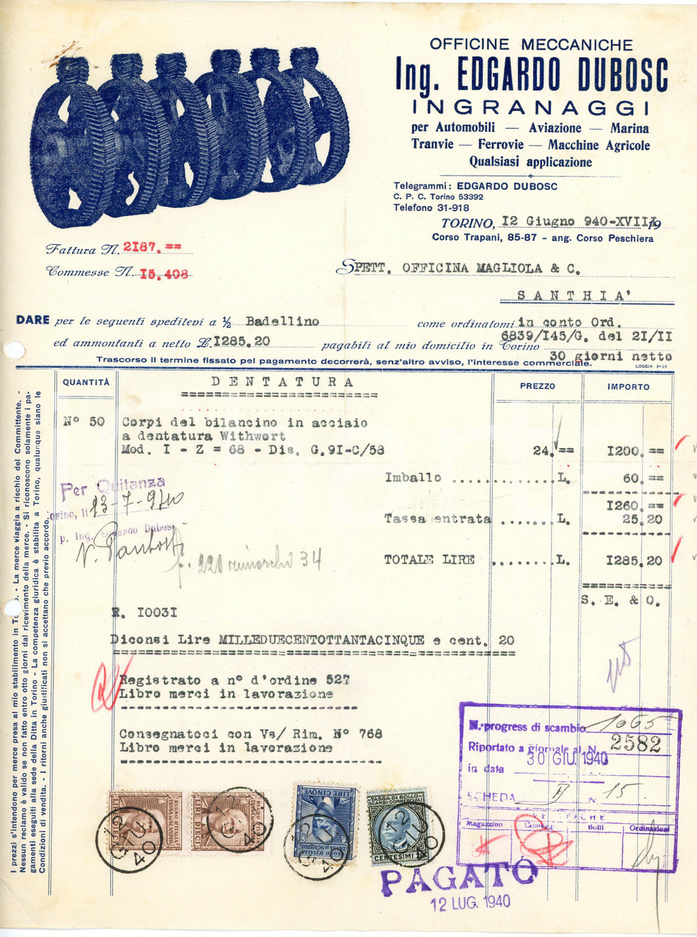1940 TORINO Ing. Edgardo DUBOSC Officine Meccaniche - Fattura intestata Fattura commerciale d'epoca, dattiloscritta, su carta intestata illustrata.Marche da bollo.Torino - Corso Trapani, 85-87CONDIZIONI: P (piegature d'epoca; fori da classificatore al lato sinistro; fori all'angolo superiore sinistro)PAGINE: 1    originale e autentica 1