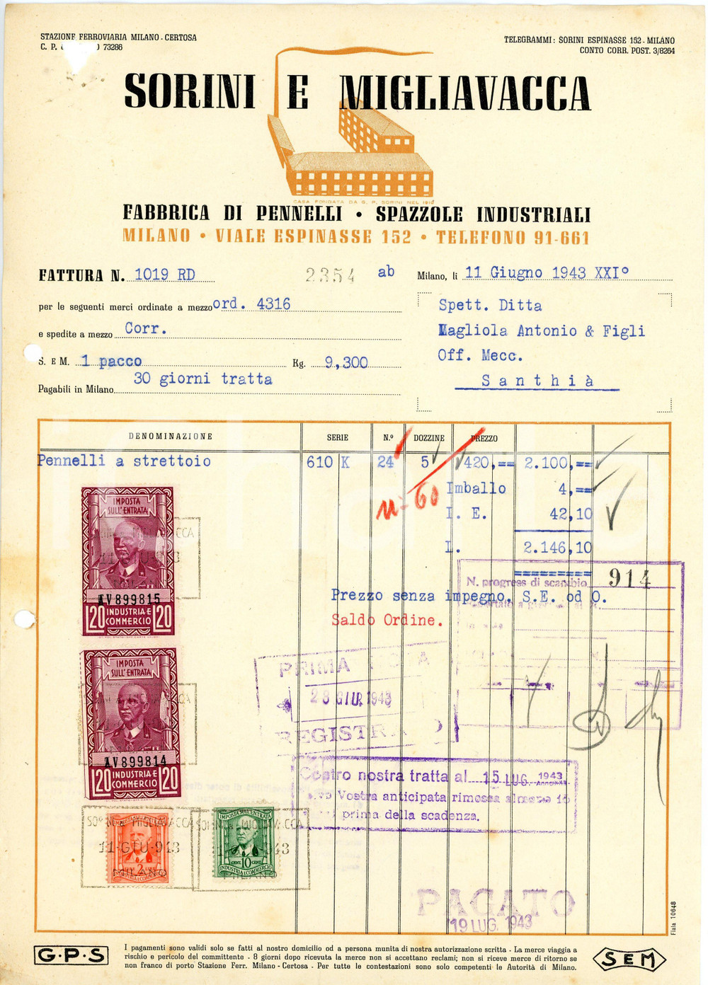 1943 MILANO - SORINI e MIGLIAVACCA Fabbrica pennelli ^Fattura intestata Fattura commerciale d'epoca, dattiloscritta, su carta intestata.Marche da bollo.Milano - viale Espinasse 152CONDIZIONI: P (piegature d'epoca; fori da classificatore al lato sinistro; piccoli fori all'angolo superiore sinistro con strappo)PAGINE: 1    originale e autentica 1