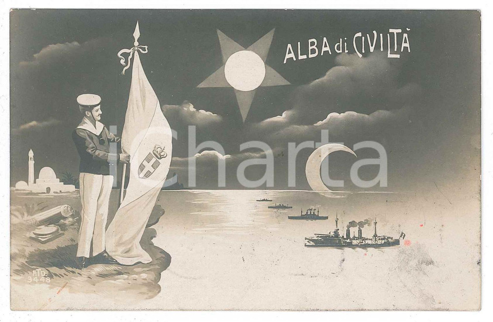 1911 GUERRA ITALO-TURCA Alba di civiltÃ  - Marinaio con Tricolore - Cartolina FP  Cartolina postale d'epoca, viaggiata.CONDIZIONI: FAIR (lievi smussature agli angoli)FORMATO: FP     originale e autentica 1