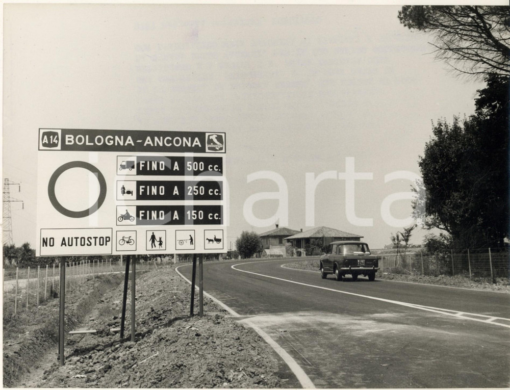 1966 AUTOSTRADA A 14 BOLOGNA - ANCONA Cartello d'ingresso autostradale *Foto Fotografia d'epoca con didascalia coeva.  GOOD/buono lieve sovraimpressione del timbro al recto Formato:  24x18 cm originale e autentica 1