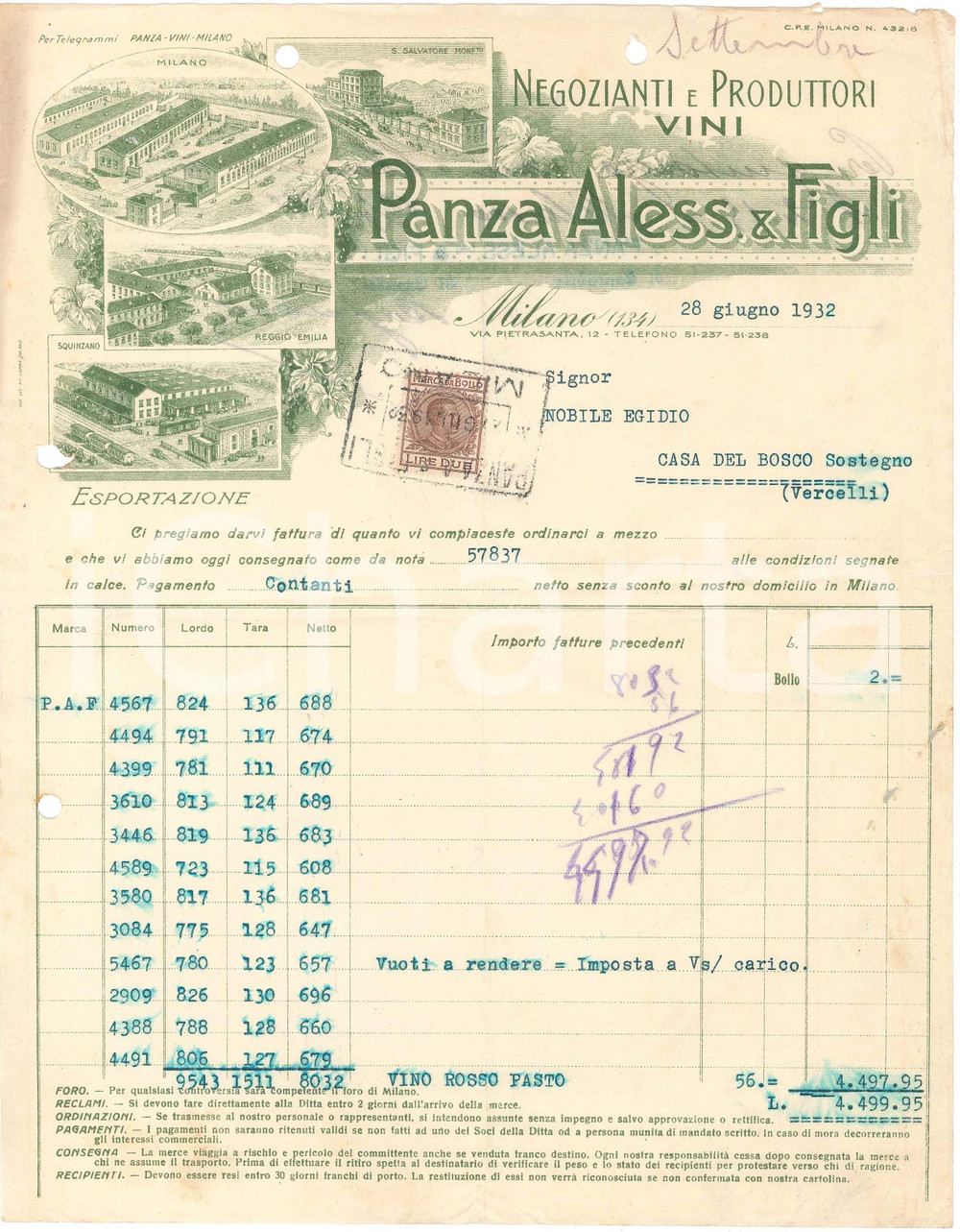 1932 MILANO Aless. PANZA & Figli - Via Pietrasanta 12 - Viticoltori - Fattura 2 Fattura commerciale d'epoca, dattiloscritta, su carta intestata illustrata.Presente marca da bollo. CONDIZIONI: POOR (piegature d'epoca, fori da classificatore al margine superiore e sinistro, gualciture ai margini)PAGINE: 1    originale e autentica 1