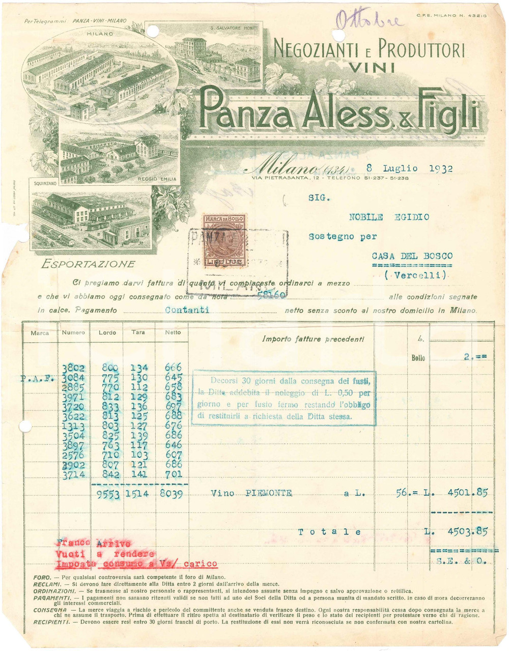 1932 MILANO Aless. PANZA & Figli - Via Pietrasanta 12 - Viticoltori - Fattura 3 Fattura commerciale d'epoca, dattiloscritta, su carta intestata illustrata.Presente marca da bollo. CONDIZIONI: POOR (piegature d'epoca, fori da classificatore al margine superiore e sinistro, piegature agli angoli)PAGINE: 1    originale e autentica 1