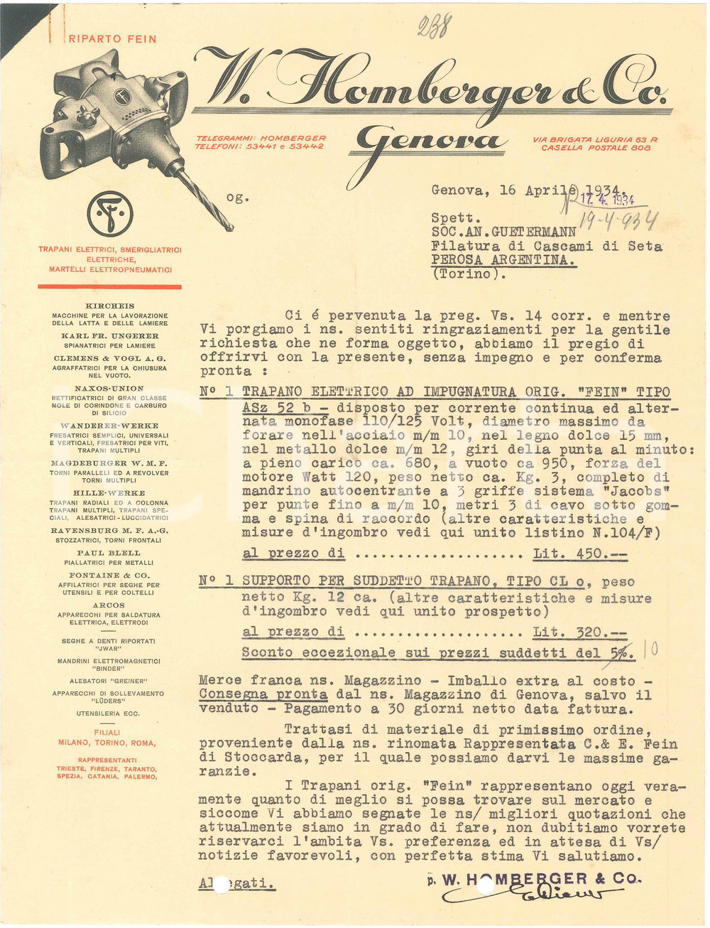 1934 GENOVA Ditta W. HOMBERGER Elettrodi ARCOS Preventivo per trapano FEIN (1) Lettera commerciale su carta intestata, illustrata.CONDIZIONI: FAIR (piegature d'epoca, fori da classificatore al margine inferiore)FORMATO: 21x28 cm    originale e autentica 1