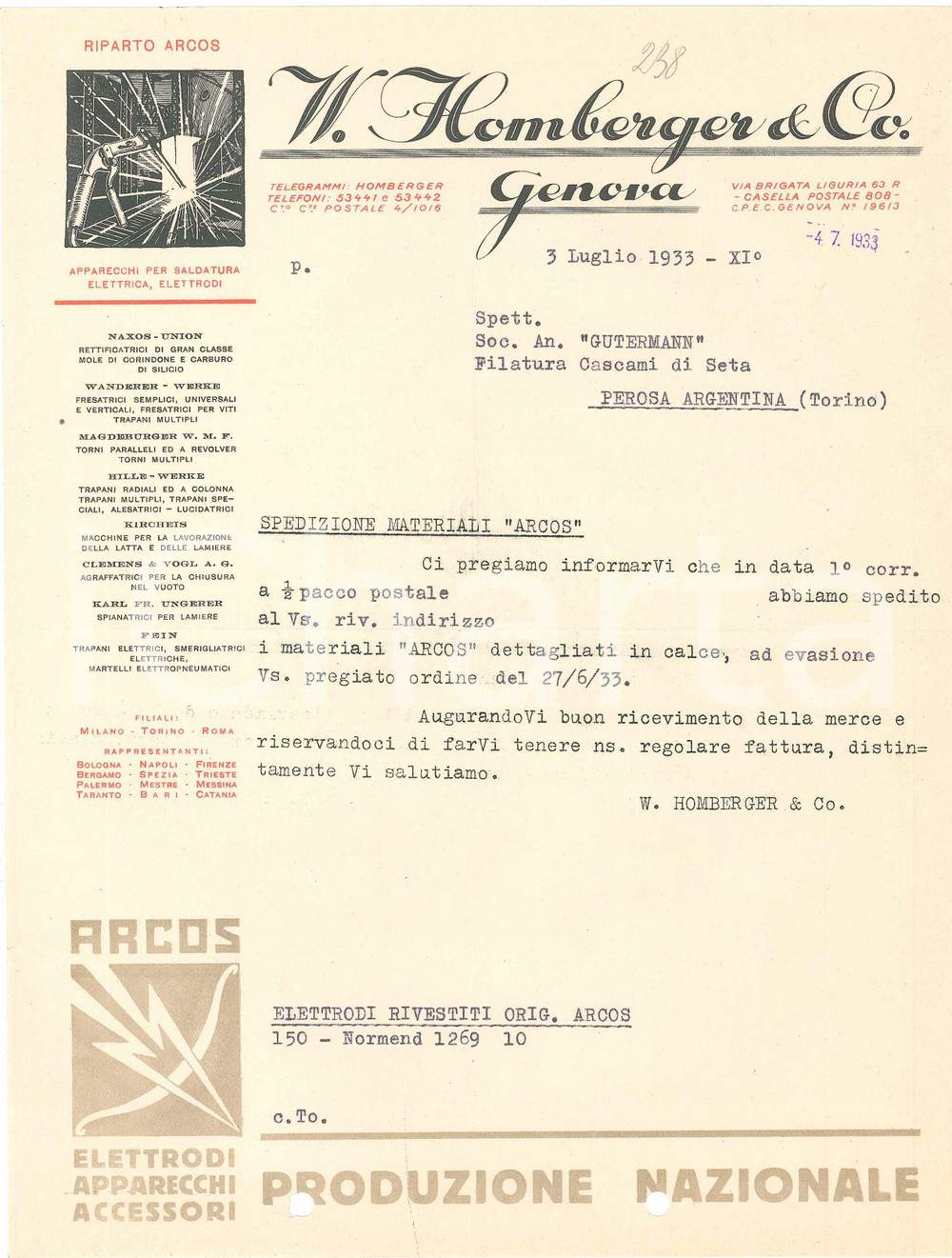 1933 GENOVA Via Brigata Liguria, 63 - Ditta W. HOMBERGER Lettera commerciale (3) Lettera commerciale su carta intestata, illustrata.CONDIZIONI: FAIR (piegature d'epoca, fori da classificatore al margine inferiore)FORMATO: 21x28 cm    originale e autentica 1