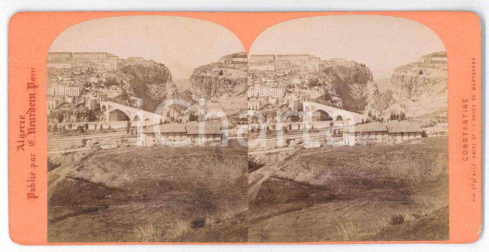 1880 ca ALGERIE - CONSTANTINE Vue prise de la Route de Mansourah - Stereoview Fotografia stereoscopica d'epoca, su cartoncino rigido.EDITORE: Neurdein - Paris GOOD/buono  Formato: 18x9 cm originale e autentica 1