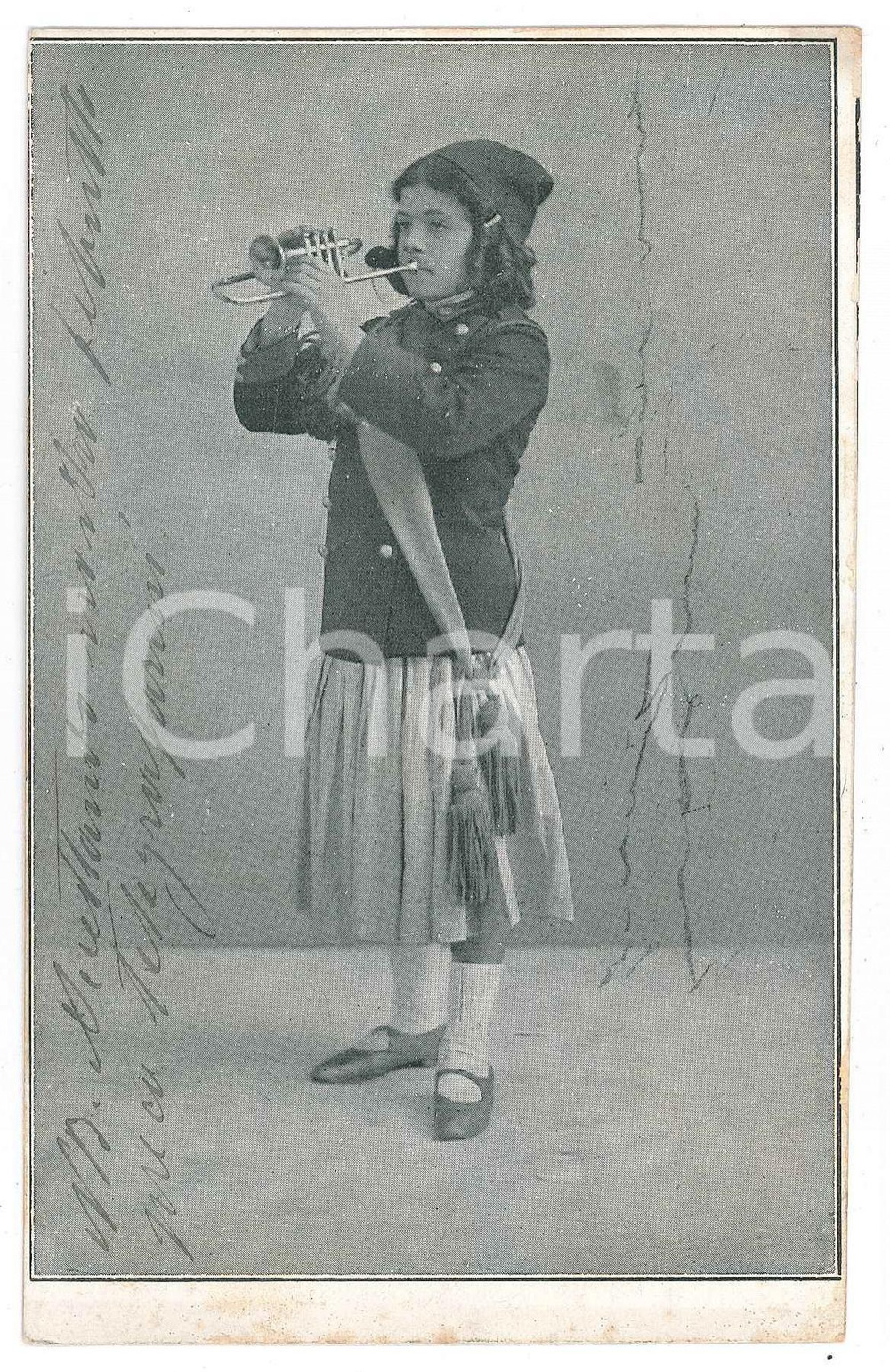 1915 TORINO - CABARET - Cesare SCIFONI e la bambina trombettista - Cartolina Cartolina postale d'epoca, con messaggio al verso di Cesare Scifoni che indica la disponibilit&agrave; della bambina prodigio per i futuri spettacoli.Scritta, ma non viaggiata. GOOD/buono  Formato: 9x14 cm originale e autentica 1