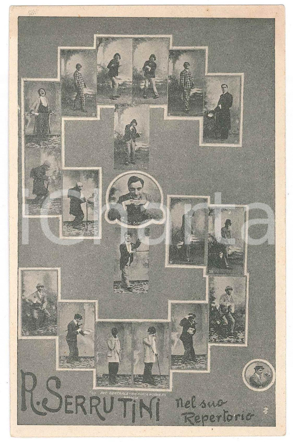 1915 ca TEATRO COMICO Raffaele SERRUTINI nel suo repertorio *Cartolina O' scemo Cartolina pubblicitaria d'epoca, con testo della canzone "O' scemo" al verso. GOOD/buono minime piegature angolari Formato: 9x14 cm originale e autentica 1