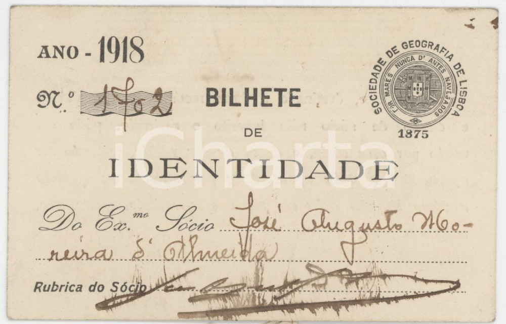 1918 LISBOA Sociedade de Geografia - Bilhete de identidade 11x7 cm Tessera d'epoca.  FAIR/discreto Lievi smussature agli angoli Formato: 11x7 cm originale e autentica 1