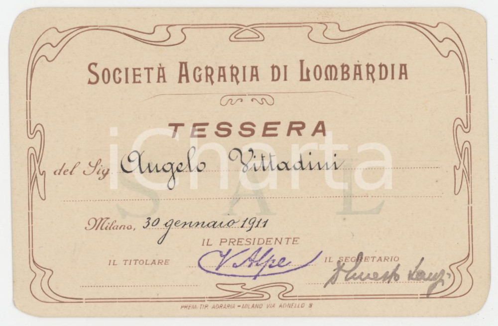 1911 MILANO Società agraria di Lombardia - Tessera 11x7 cm Tessera d'epoca.  FAIR/discreto Lievi smussature agli angoli Formato: 11x7 cm originale e autentica 1