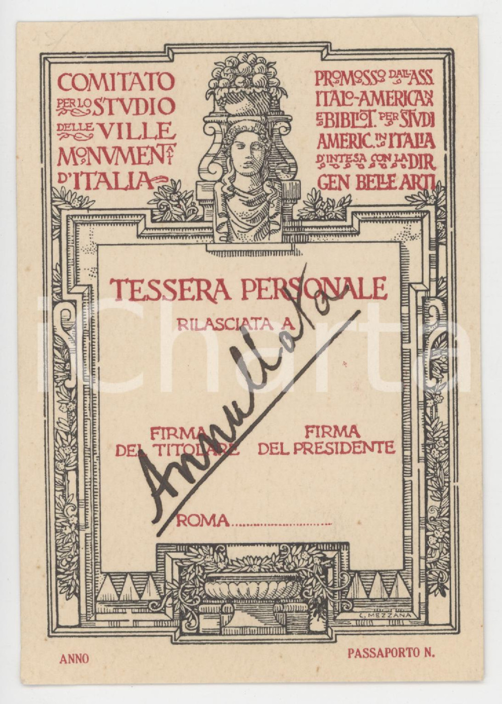 1910 ca ROMA Comitato di studio delle ville monumentali - Tessera annullata Tessera d'epoca.  FAIR/discreto Piegature agli angoli superiori Formato: 8x12 cm originale e autentica 1