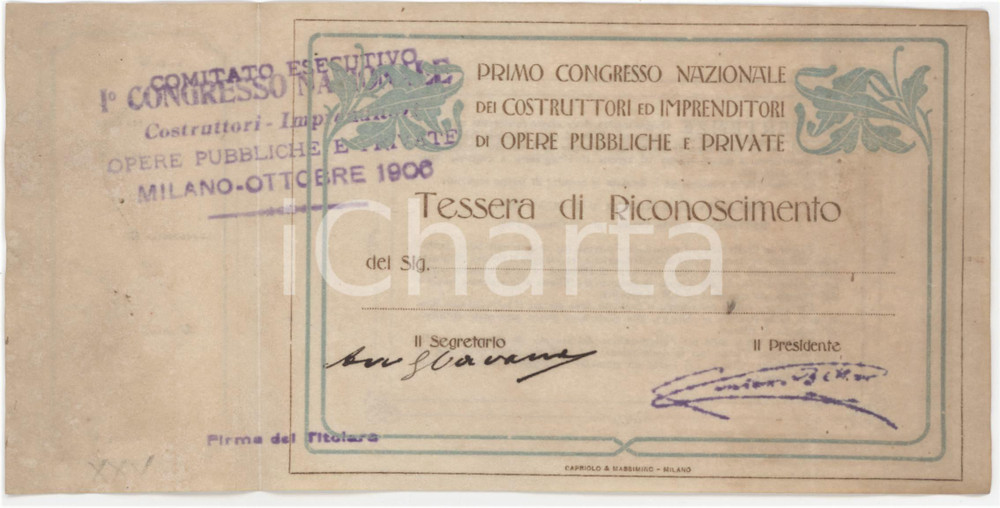 1906 MILANO Primo congresso costruttori opere pubbliche e private - Tessera 19x9