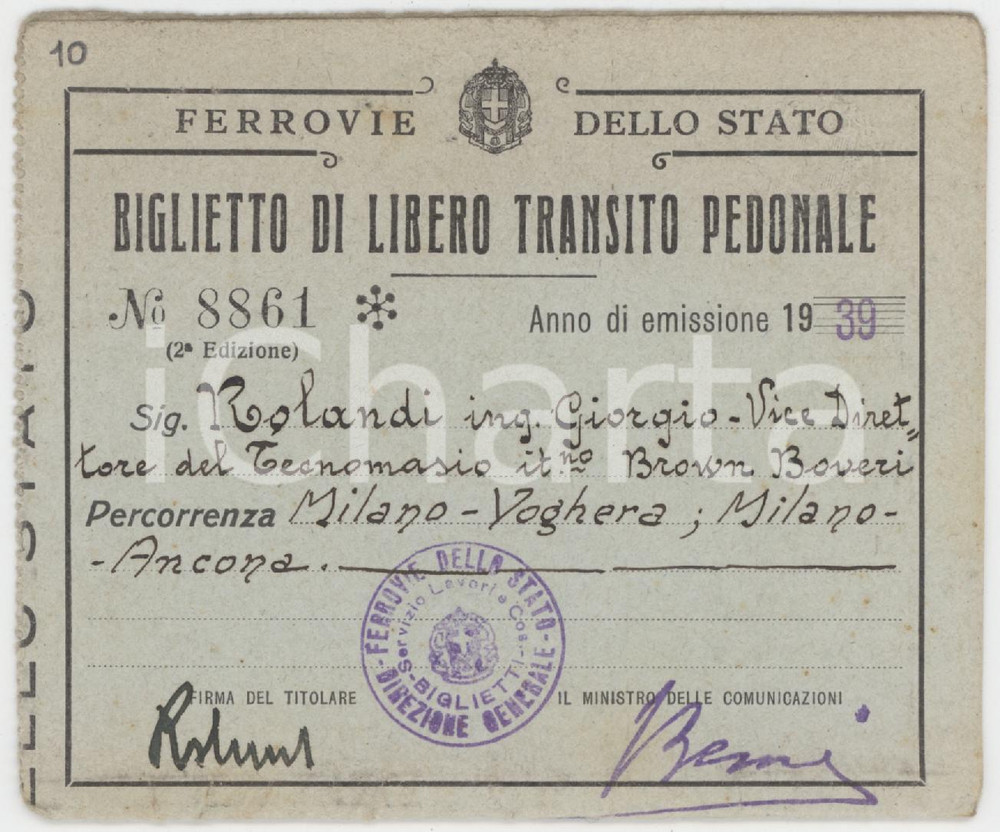 1939 FERROVIE DELLO STATO Biglietto transito pedonale di Giorgio ROLANDI 10x9 cm