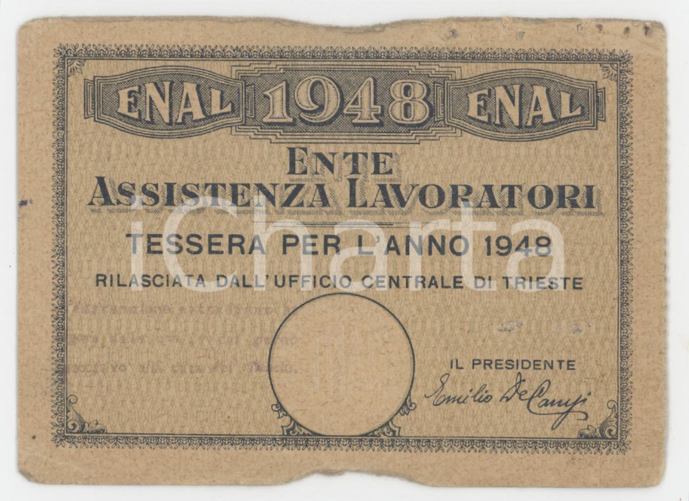 1948 TRIESTE - ENAL Ente Assistenza Lavoratori - Tessera 11x8 cm