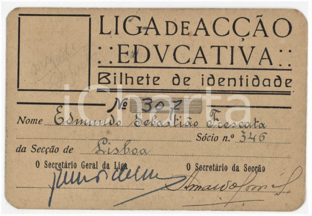 1920 ca LISBOA Liga de Accao Educativa - Bilhete de identidade 11x7 Tessera  d'epoca.  FAIR/discreto Lievi smussature agli angoli Formato: 11x7 cm originale e autentica 1