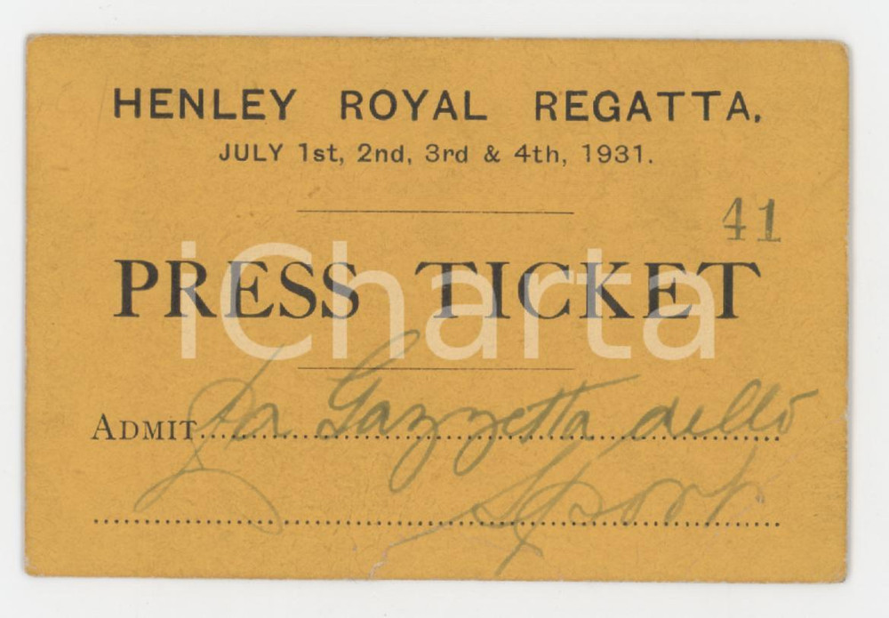 1931 HENLEY-ON-THAMES Henley Royal Regatta - Press ticket GAZZETTA DELLO SPORT