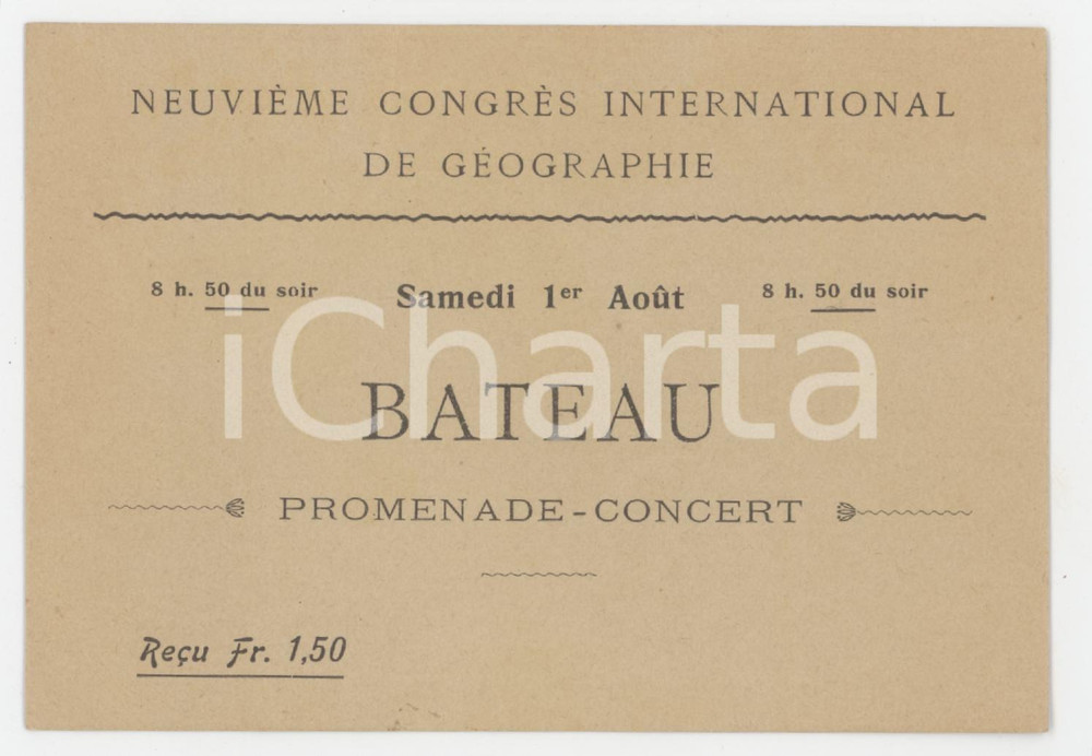 1900 ca FRANCE Neuvième Congrès International de Géographie - Biglietto 12x8 cm